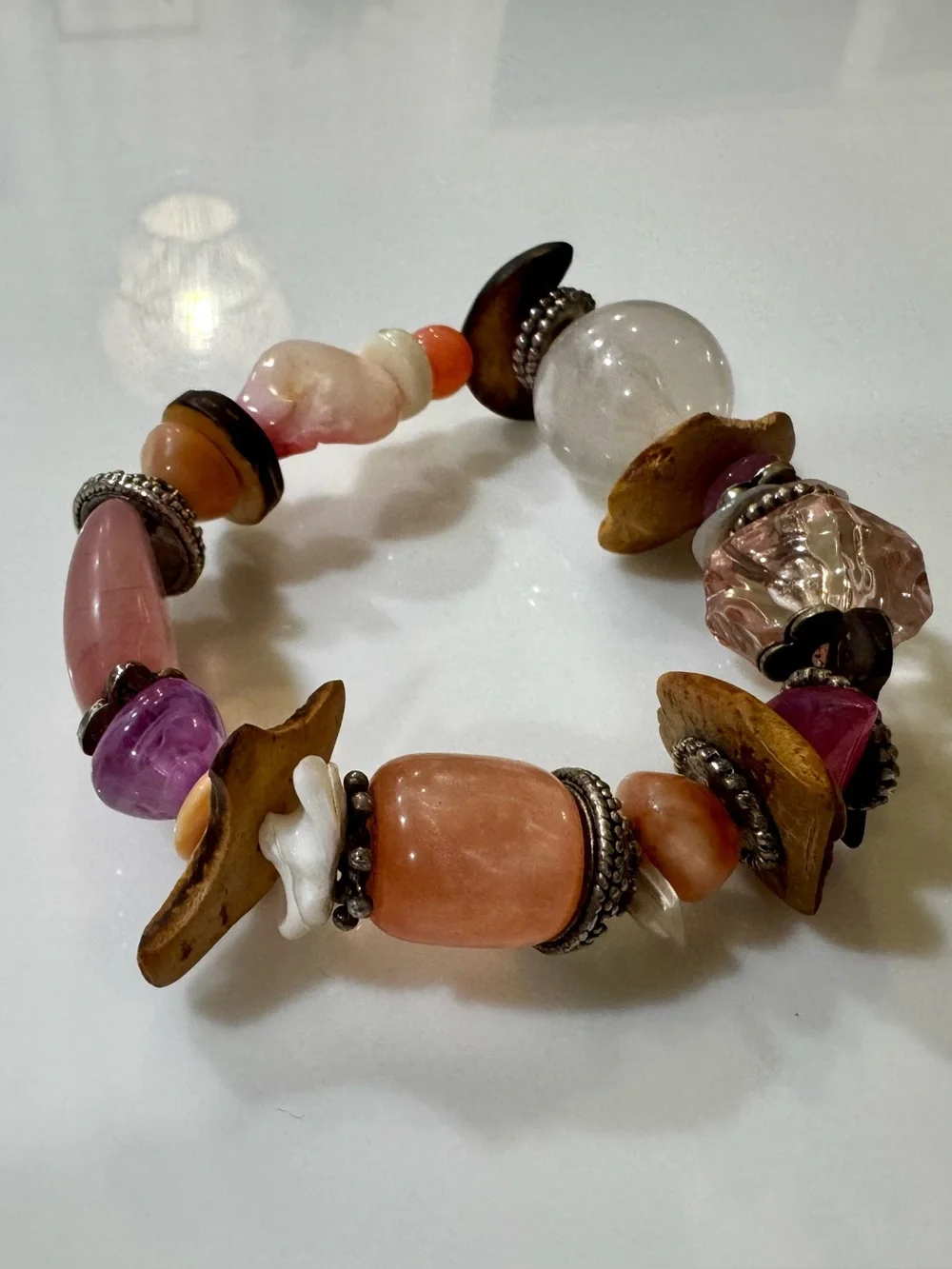 Mixed Stone Shell Stretch Bracelet Rose Quartz Amethyst Wood Crystal Artisan